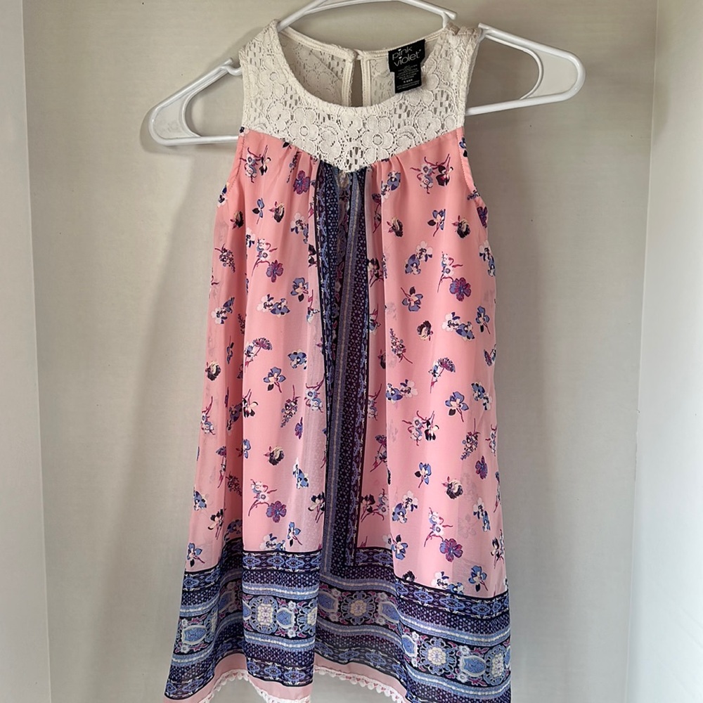 Pink violet sleeveless pink and blue boho floral lace detail dress size 6/6x